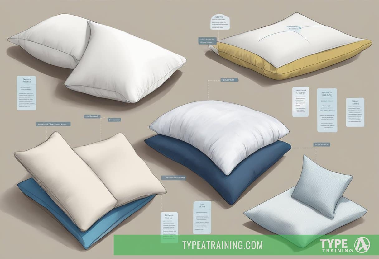 A variety of pillows made from different materials and types displayed on a bed, with labels indicating their features for optimal sleep and neck support