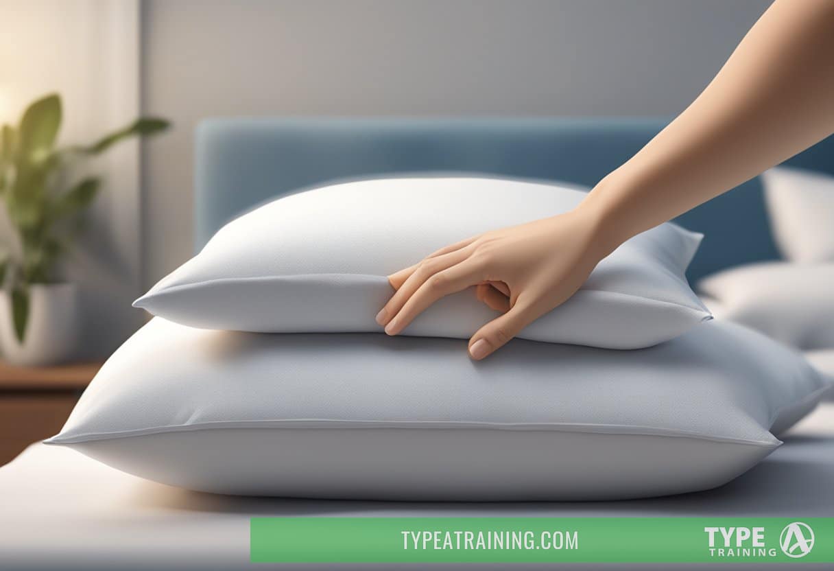 A hand reaching out to test the firmness and loft of different pillows on a neatly made bed, with a focus on comfort and neck support