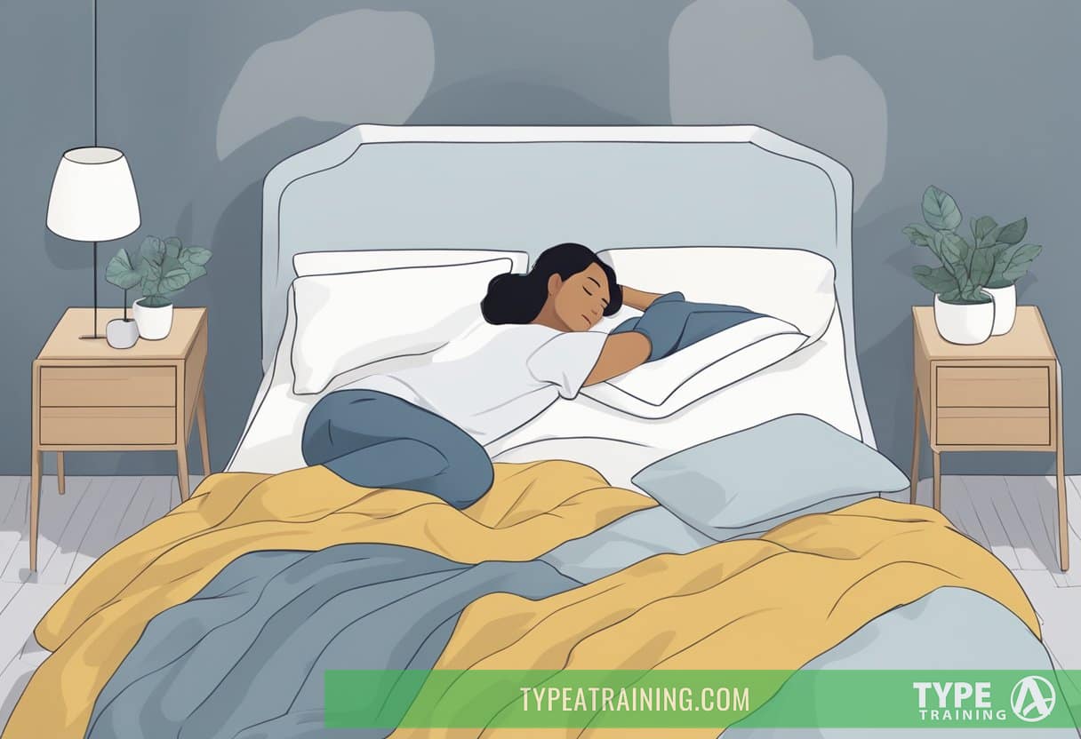 A person lying in bed with three different pillows beside them, each designed for a different sleeping style - side, back, and stomach. The person is reaching out to test each pillow for comfort and support