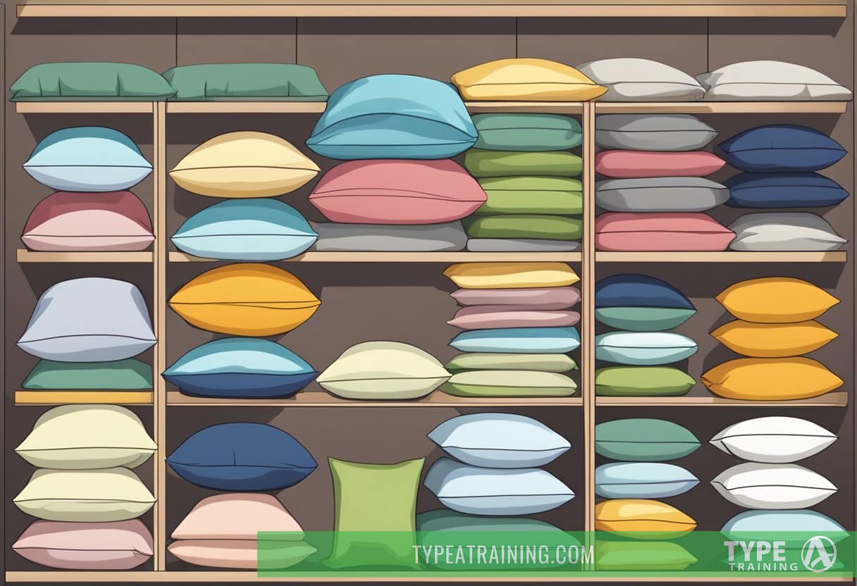 A variety of pillows stacked neatly on a shelf, with labels indicating different types and materials. A pillow protector and washing instructions are displayed nearby