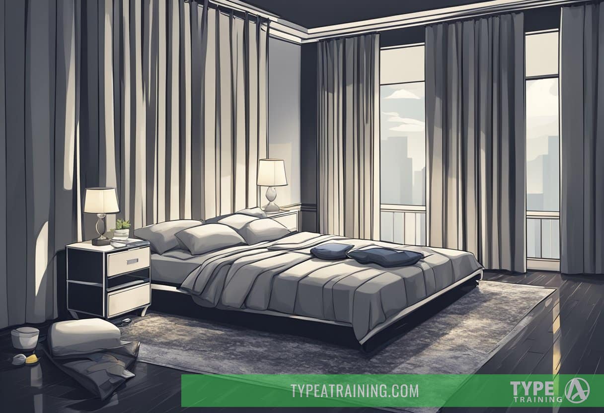 A darkened room with closed blackout curtains and sleep masks scattered on a bed or nightstand