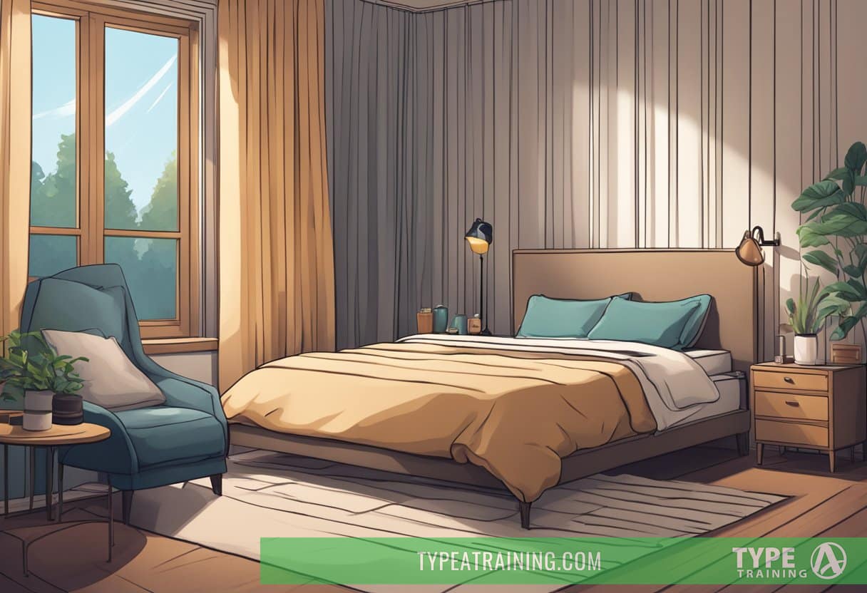 A cozy bedroom with blackout curtains drawn, and a sleep mask resting on a bedside table