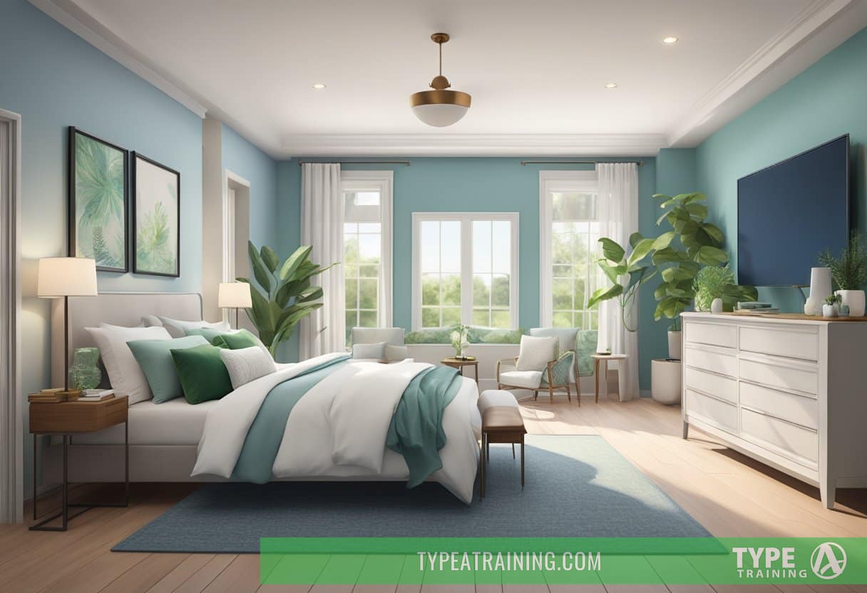 A tranquil bedroom with soft, cool tones. Blue walls, white bedding, and green accents create a calming atmosphere for optimal sleep