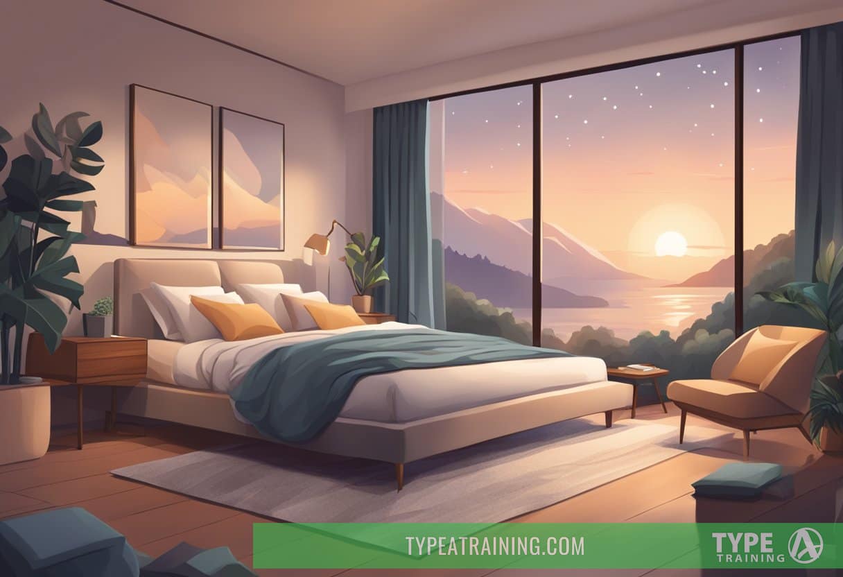 A serene bedroom with dim lighting, a cozy bed, and a person peacefully sleeping, surrounded by calming elements like soft pillows and soothing colors