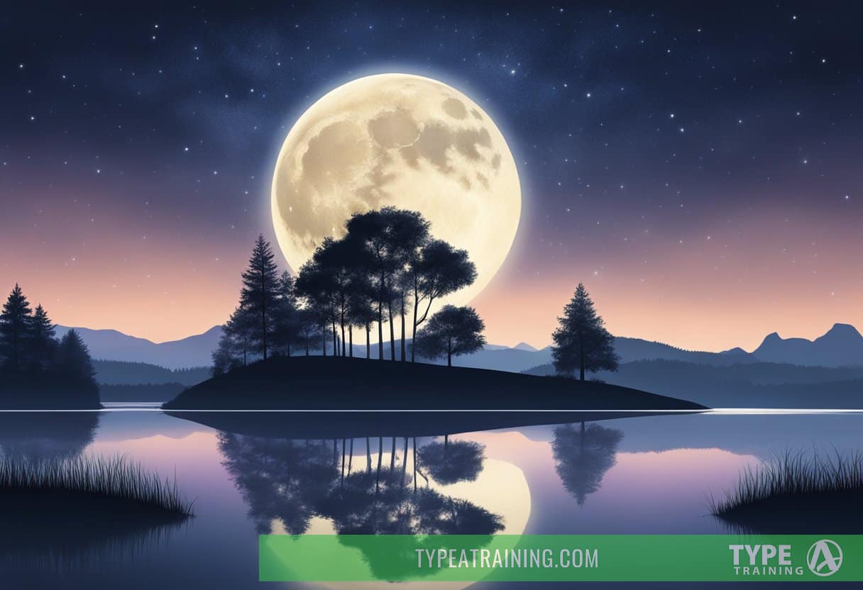 A serene night sky with a full moon shining down, surrounded by a tranquil landscape of trees and a peaceful body of water