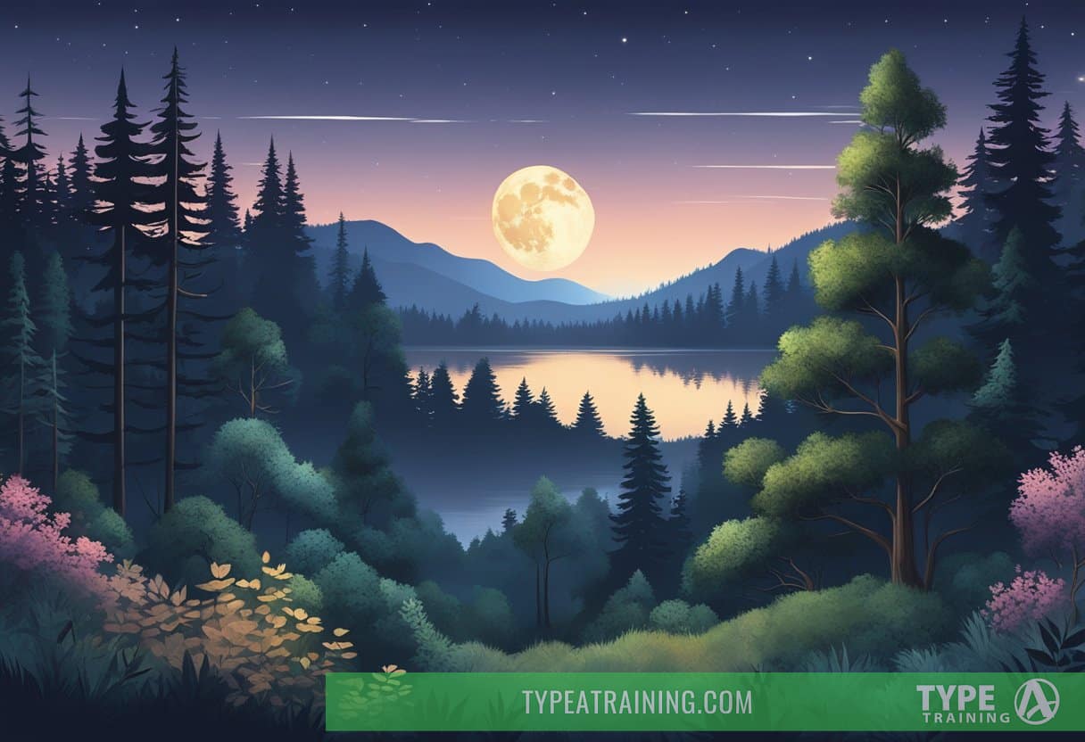 A serene forest at dusk, with a clear night sky and a full moon rising, surrounded by tranquil nature sounds