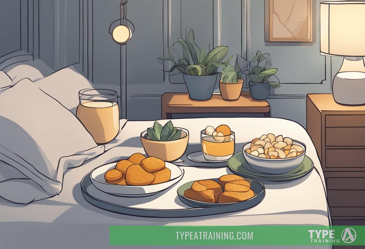 A serene bedroom with a cozy bed, a plate of keto-friendly snacks on a nightstand, and a peaceful, deep sleeper with a relaxed expression