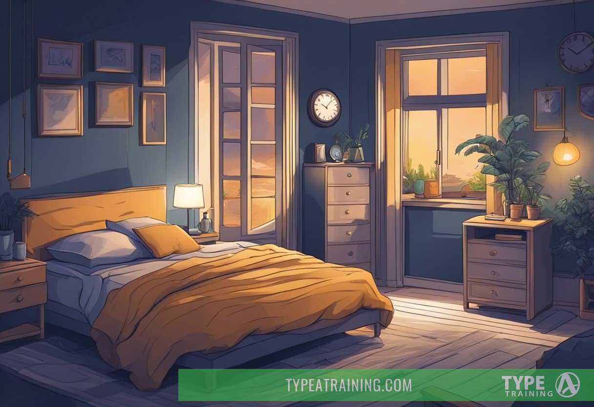 A bedroom at night with a glass of alcohol on the nightstand, a clock showing late hours, and a restless figure tossing and turning in bed