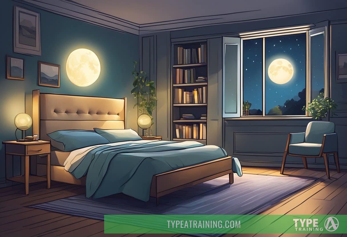 A serene bedroom with a bed, moonlight streaming through the window, and a glass of alcohol on the nightstand