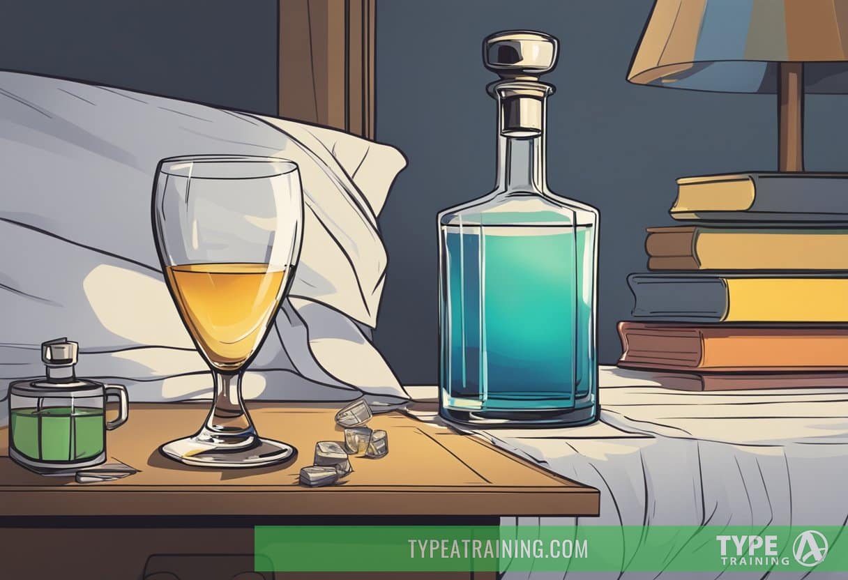 A glass of alcohol sits on a bedside table next to a clock showing late hours, while a person tosses and turns in bed