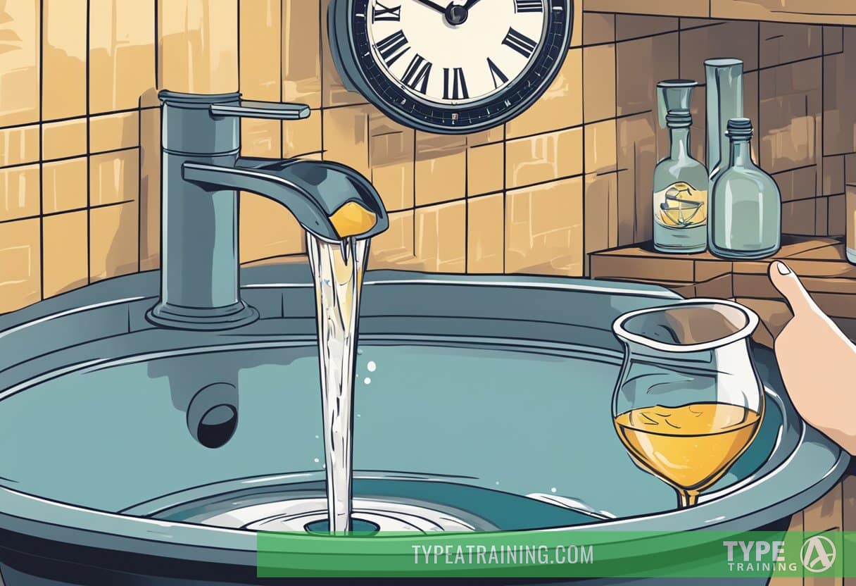 A person pouring alcohol down a drain while a clock shows late night hours