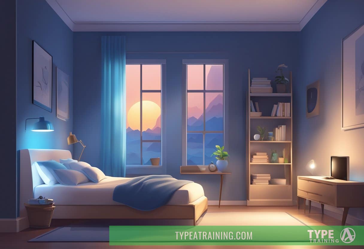 A cozy bedroom with a glowing digital screen casting a soft blue light, while a clock on the wall shows the late hour