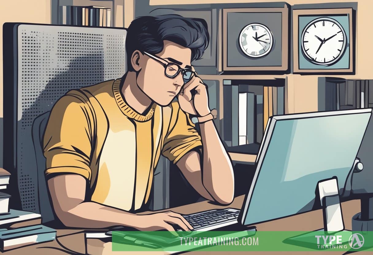 A person sitting in front of a computer or mobile device, with a clock showing late hours, and a tired expression on their face