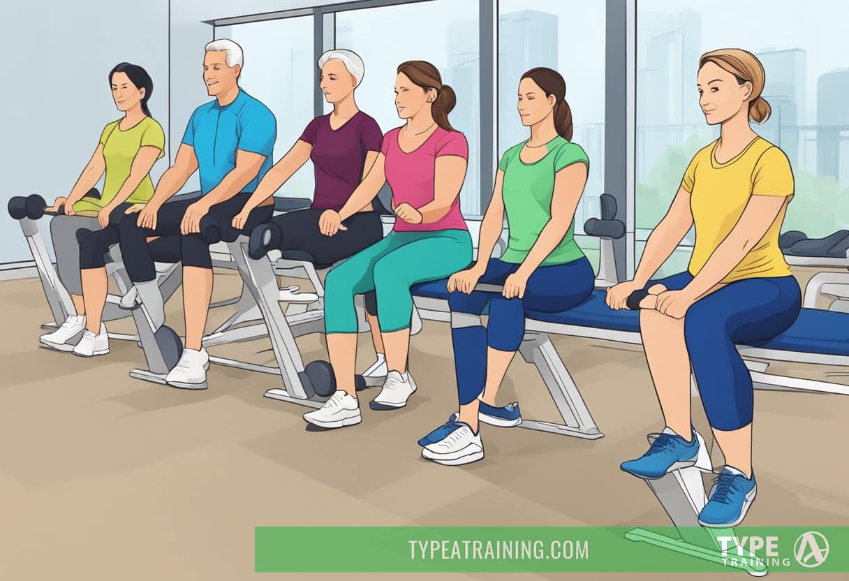 A personal trainer demonstrates knee strengthening exercises to a group of healthcare professionals