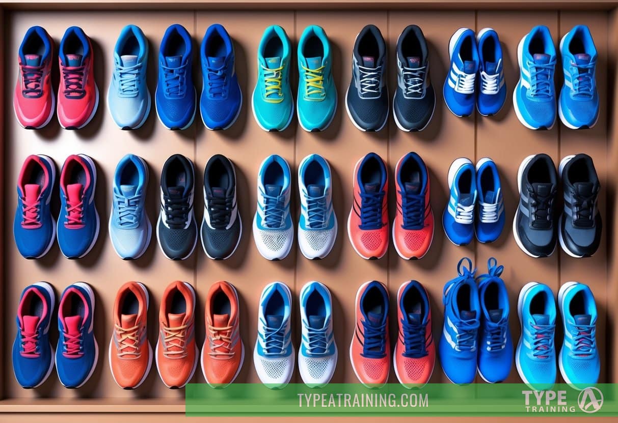 A collection of running shoes arranged neatly on display, showcasing various styles and features