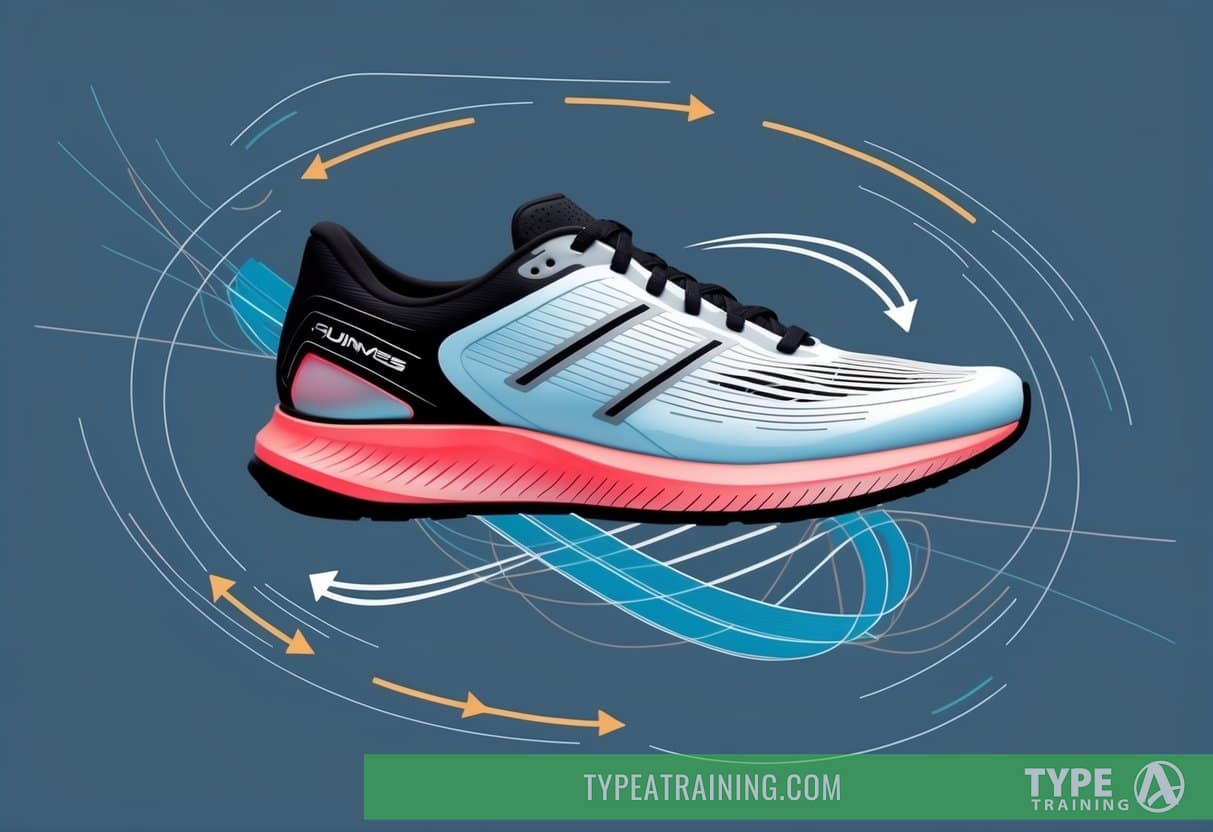 A sleek running shoe surrounded by dynamic lines and arrows, representing responsiveness in shoe design
