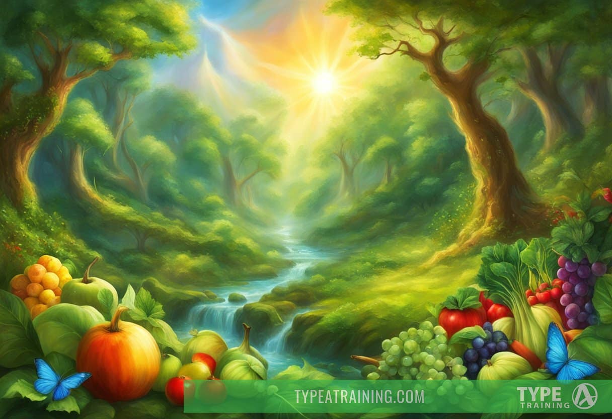 A lush green forest with a clear stream flowing through, surrounded by vibrant fruits and vegetables. A sun shines brightly overhead, casting a warm glow on the natural ingredients