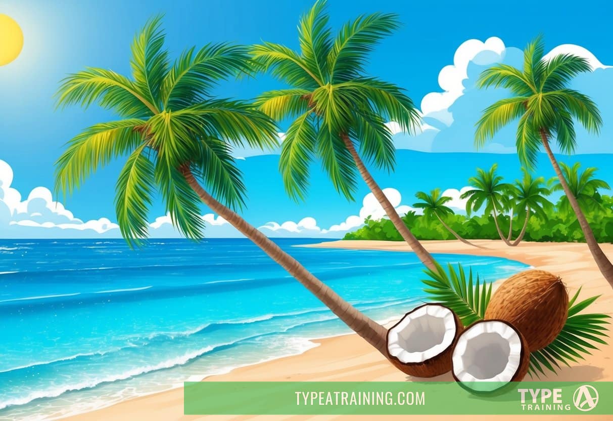 A tropical beach with palm trees, coconuts, clear blue water, and a sunny sky