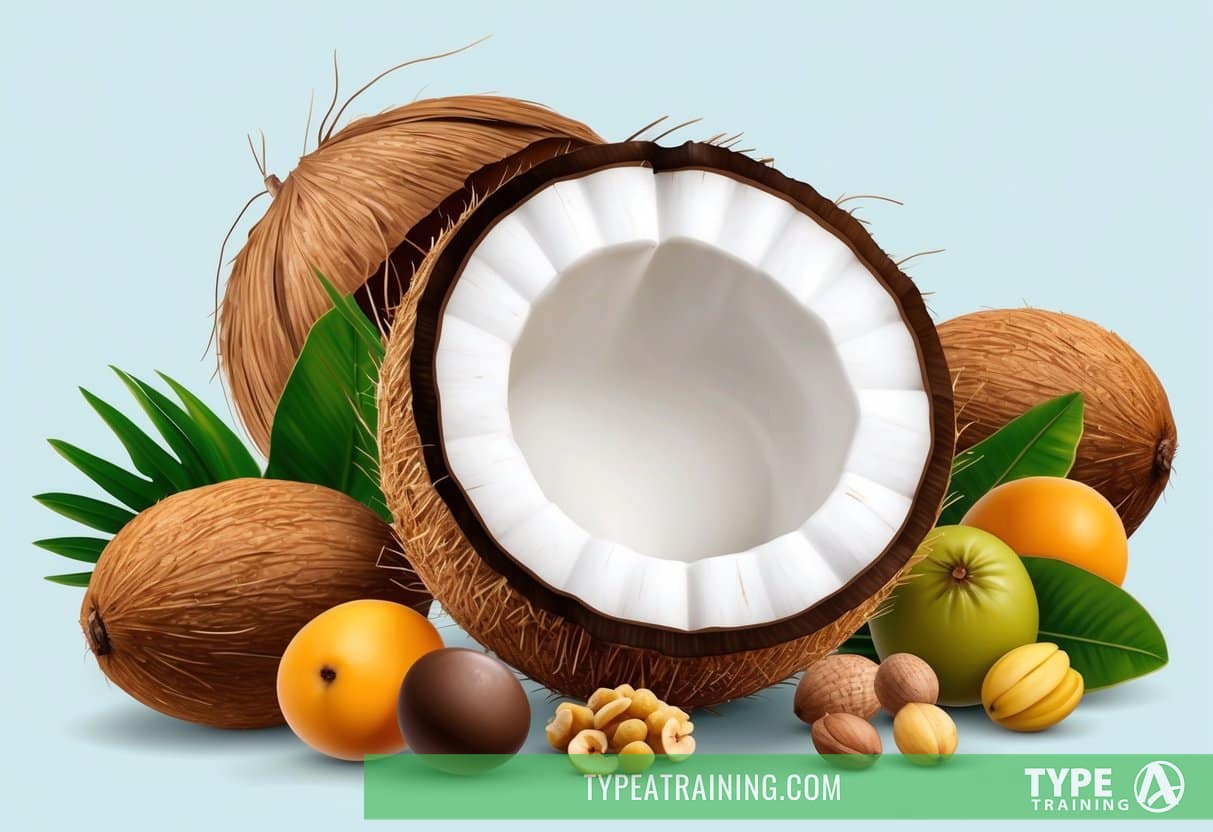 A ripe coconut with its husk partially removed, revealing the white flesh and clear coconut water inside. Surrounding the coconut are various tropical fruits and nuts