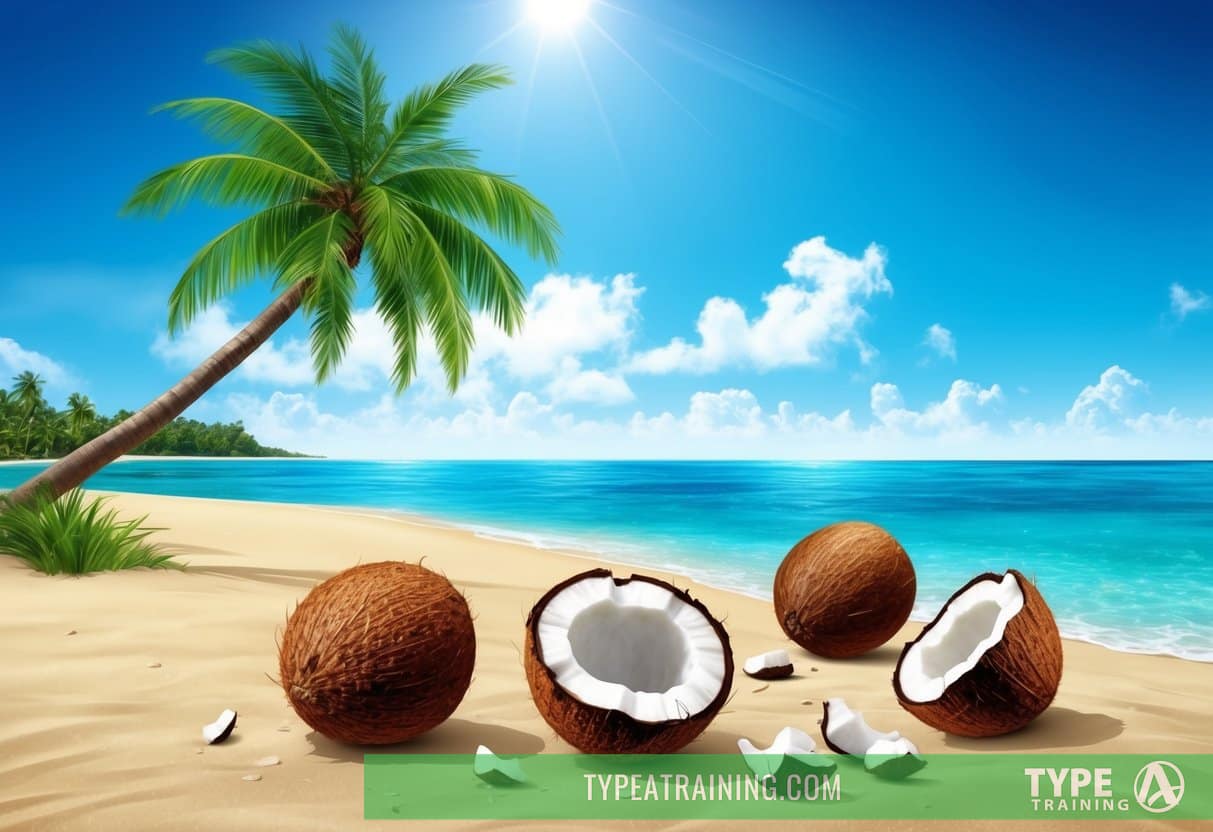A tropical beach with a coconut tree, clear blue sky, and crystal-clear water. Coconuts are scattered on the sand, and a few are cracked open, revealing the white flesh inside