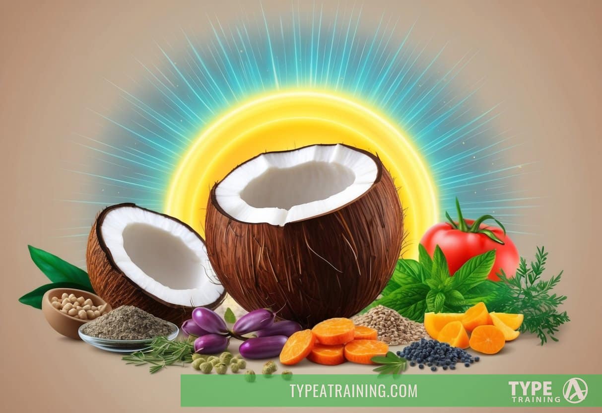 A coconut surrounded by various anti-inflammatory foods and herbs, with a glowing halo of healing energy emanating from it