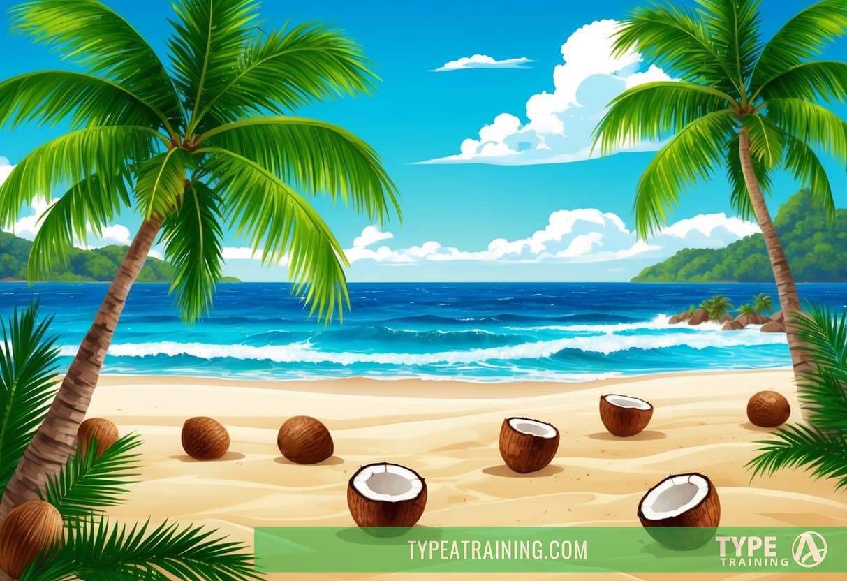 A tropical beach with coconuts scattered on the sand, surrounded by lush green palm trees and clear blue ocean waves