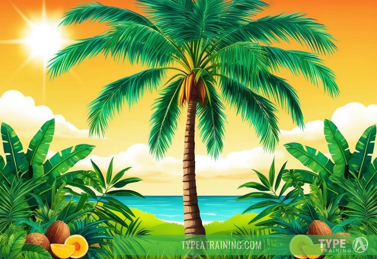 A vibrant coconut tree standing tall, surrounded by lush greenery and tropical fruits, with a shining sun overhead