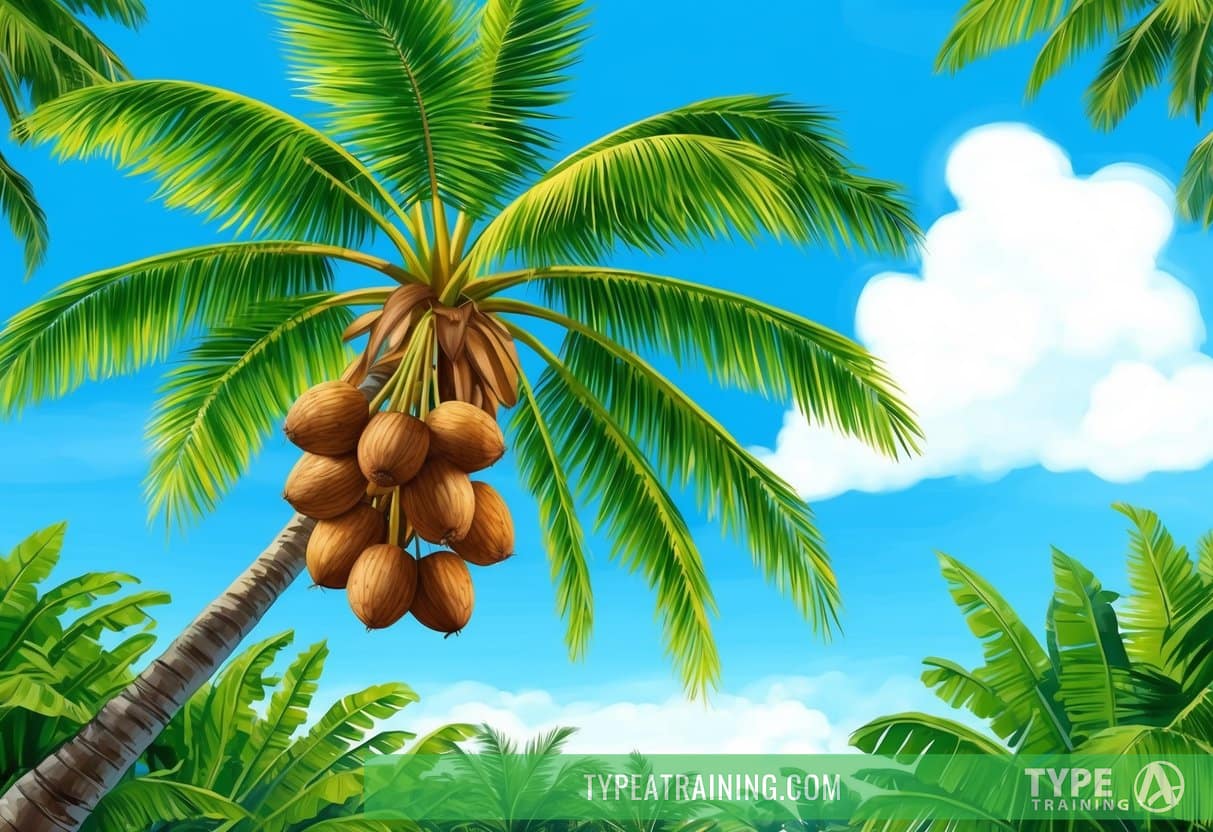 A tropical coconut tree surrounded by vibrant green foliage, with a cluster of coconuts hanging from its branches, under a bright blue sky