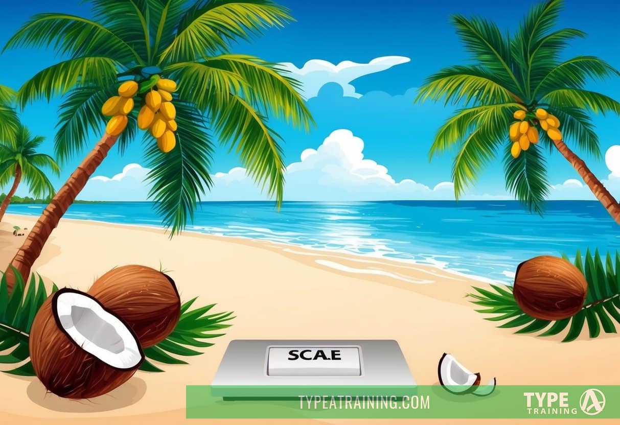 A tropical beach with coconut trees, coconuts, and a scale