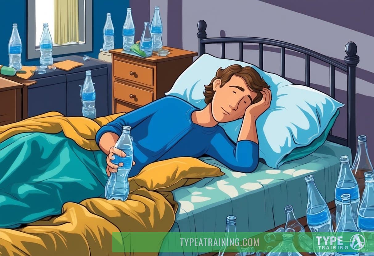 A person lying in bed with a water bottle and a headache, surrounded by empty bottles and a messy room