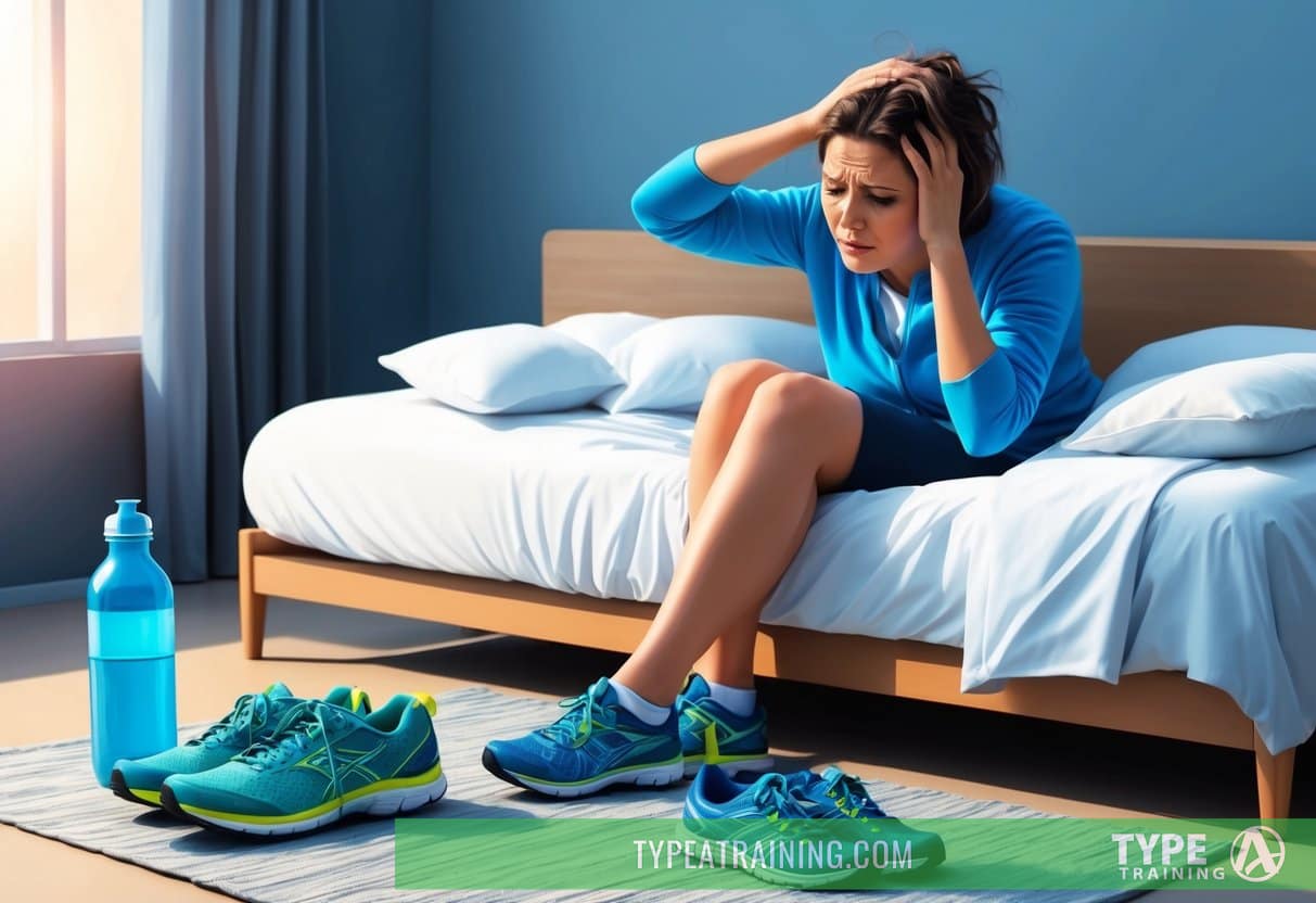 A person sits on a bed, holding their head with a pained expression. A water bottle and a pair of running shoes are placed on the floor, indicating a decision to exercise despite feeling unwell