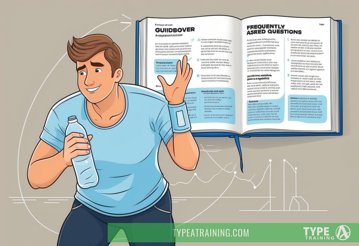 A person exercising with a hangover, looking tired and holding a water bottle, with a guidebook open to "Frequently Asked Questions."