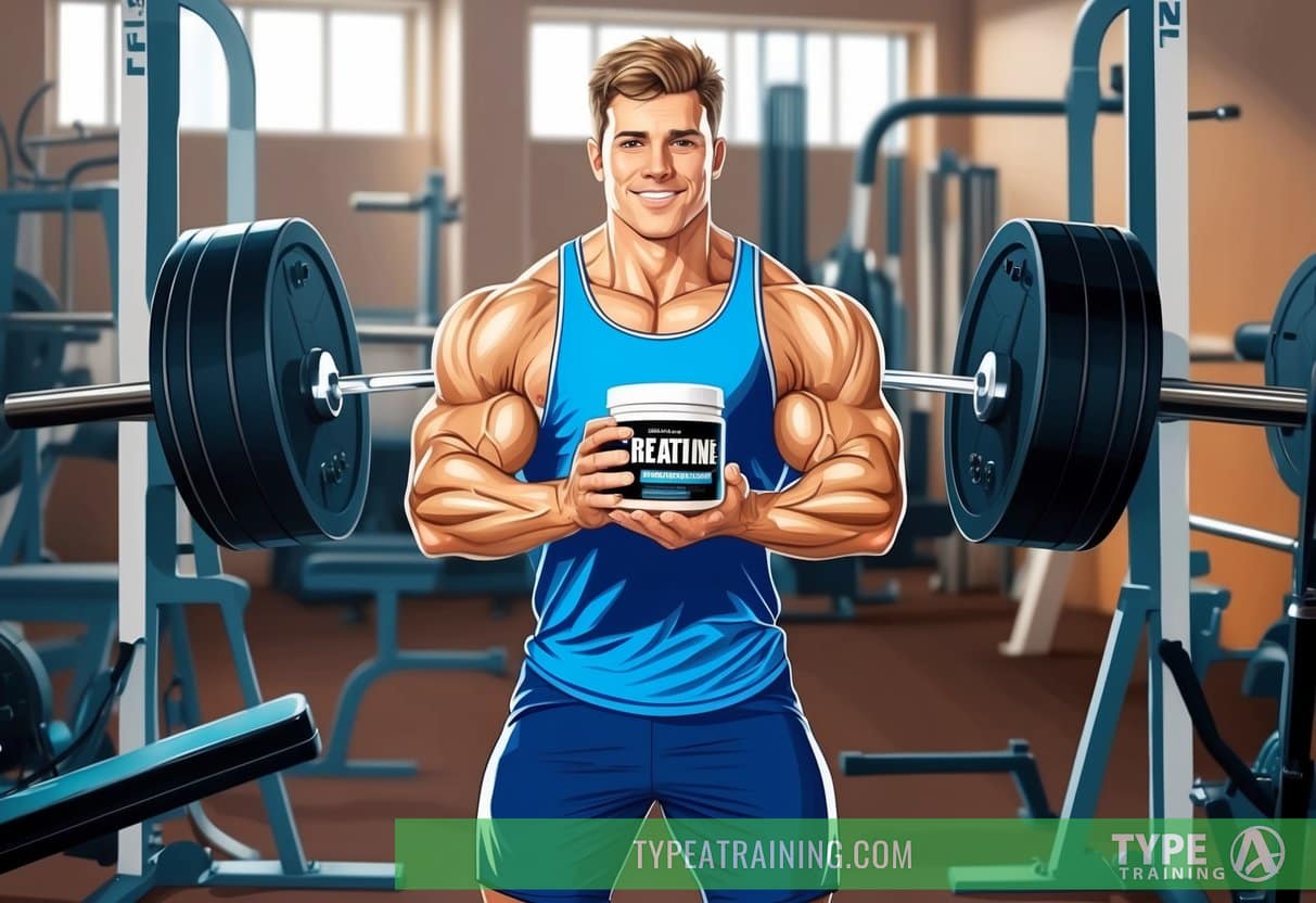 A weightlifter in a gym, holding a container of creatine powder while surrounded by exercise equipment