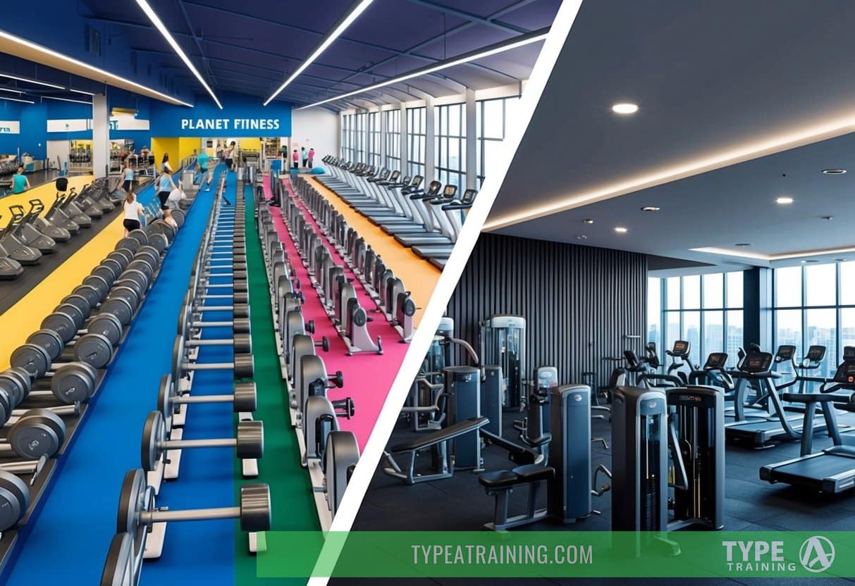 A bustling gym floor at Planet Fitness with bright colors and rows of cardio and weight machines. In contrast, a sleek and modern Equinox gym with upscale decor and high-end equipment