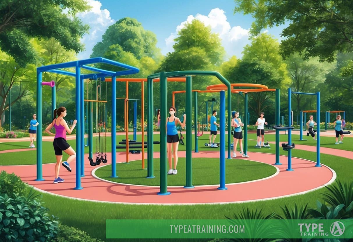 A vibrant park setting with a variety of fitness stations surrounded by lush greenery and people engaging in different outdoor workouts
