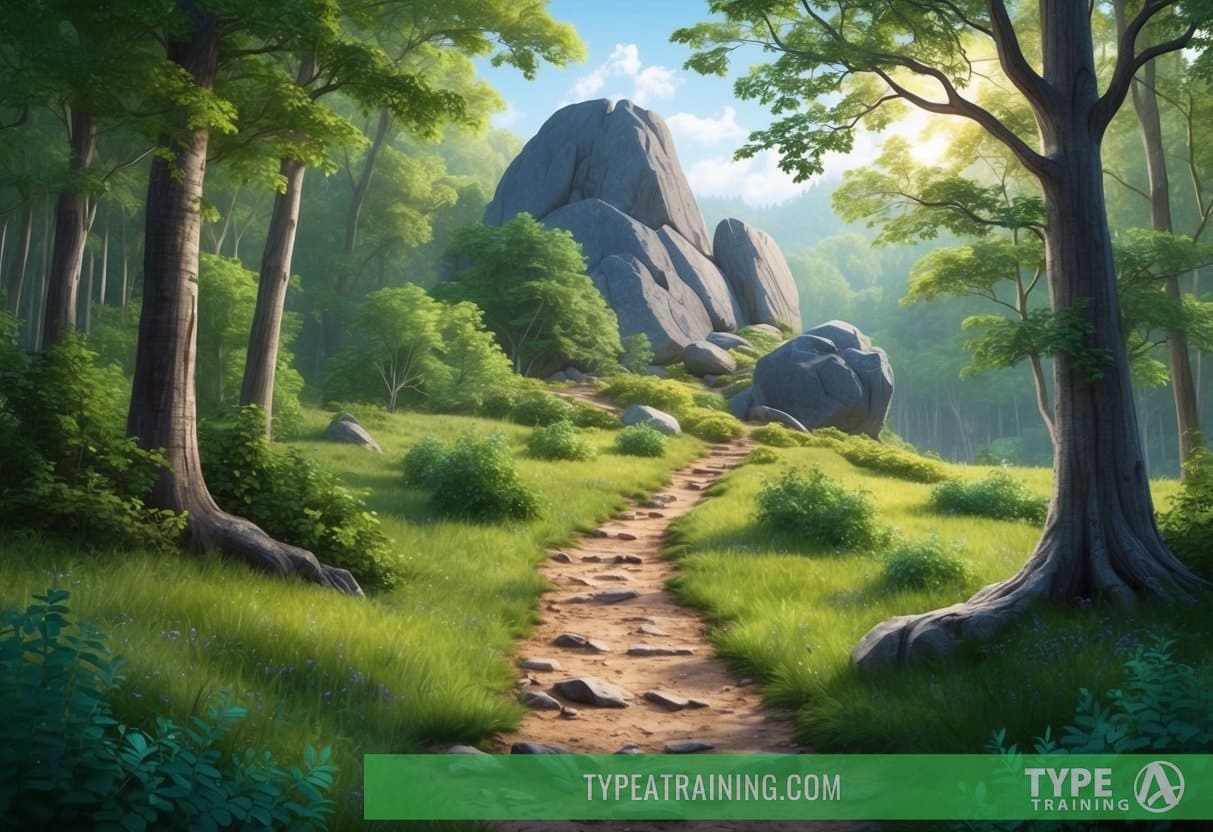 A serene forest clearing with a rugged trail leading to a rocky outcrop, surrounded by lush greenery and dappled sunlight