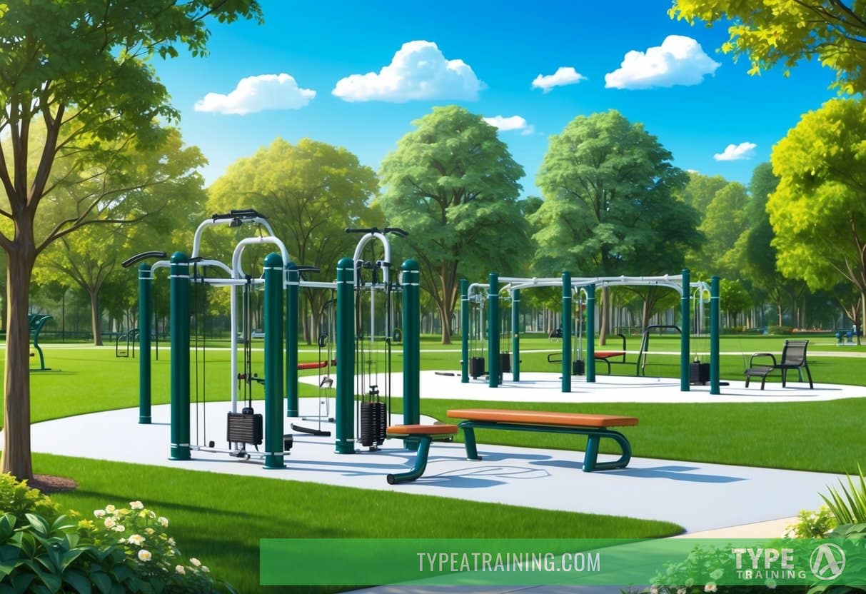 A sunny park with a variety of outdoor exercise equipment surrounded by lush greenery and clear blue skies
