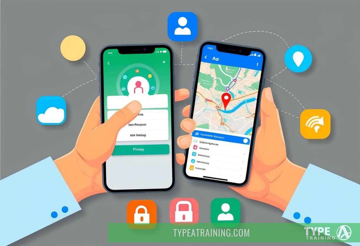 A person adjusting privacy settings on a smartphone with a map app open, surrounded by icons and options
