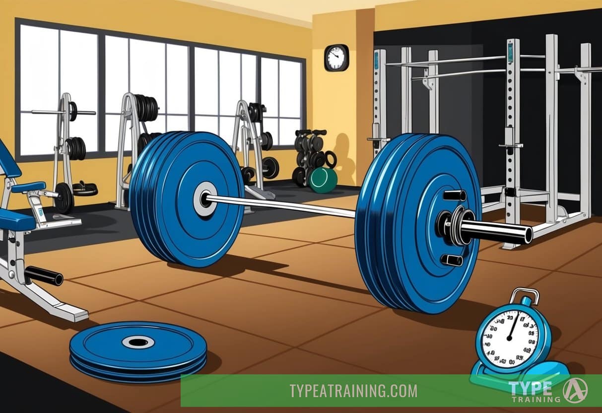 A weightlifting bar loaded with plates, surrounded by various gym equipment and a timer, set in a well-lit gym space