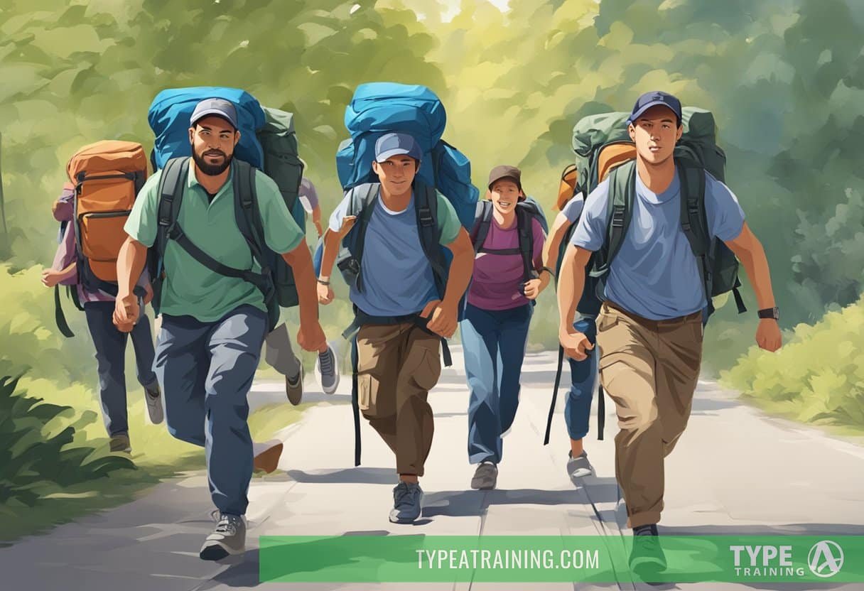 A group of people rucking with heavy backpacks while another group runs alongside