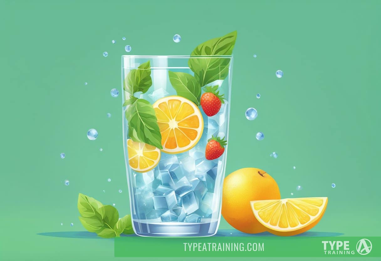 A sparkling glass of water with a green leaf floating on top, surrounded by fresh fruits and vegetables