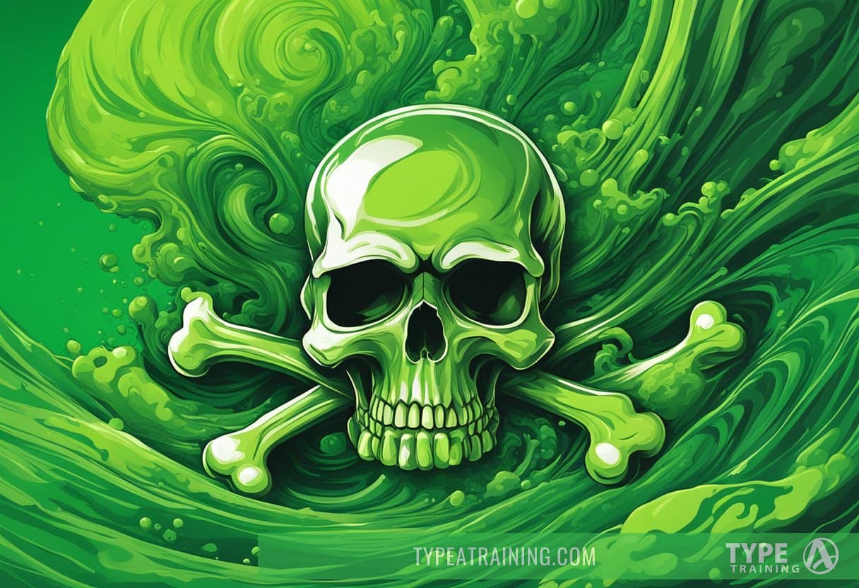 A large, ominous skull and crossbones symbol sits against a backdrop of swirling, toxic green liquid
