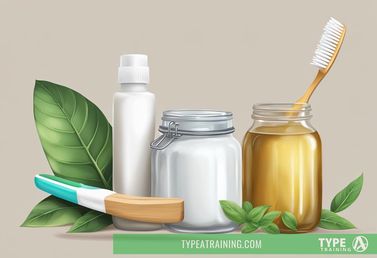 A toothbrush next to a jar of homemade toothpaste made from natural ingredients, such as baking soda, coconut oil, and essential oils