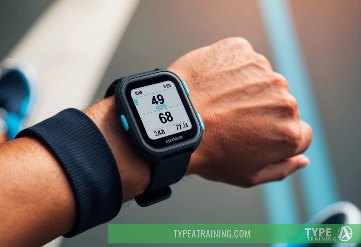 A runner's wrist with a sleek, high-tech heart rate monitor displaying real-time data