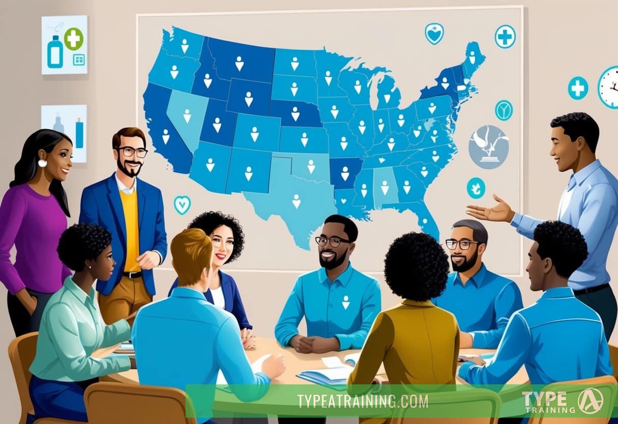 A diverse group of people gather around a table, engaged in a discussion. A map of the United States hangs on the wall, with various health-related symbols scattered across it