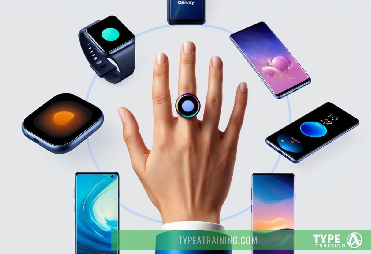 A hand holding a Samsung Galaxy Ring, surrounded by various Galaxy ecosystem devices, with a sleek and modern design