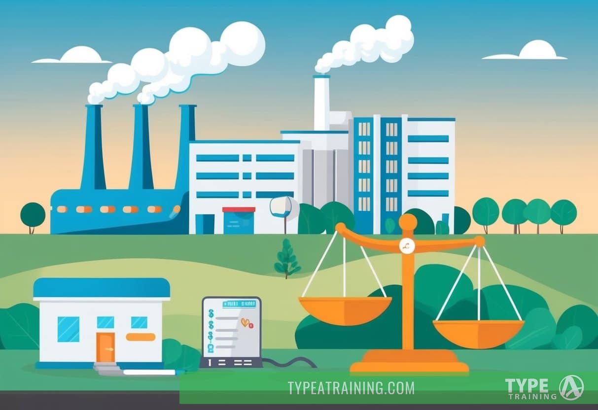 A pharmaceutical factory emitting smoke near a hospital, with a scale tipping towards money over ethics
