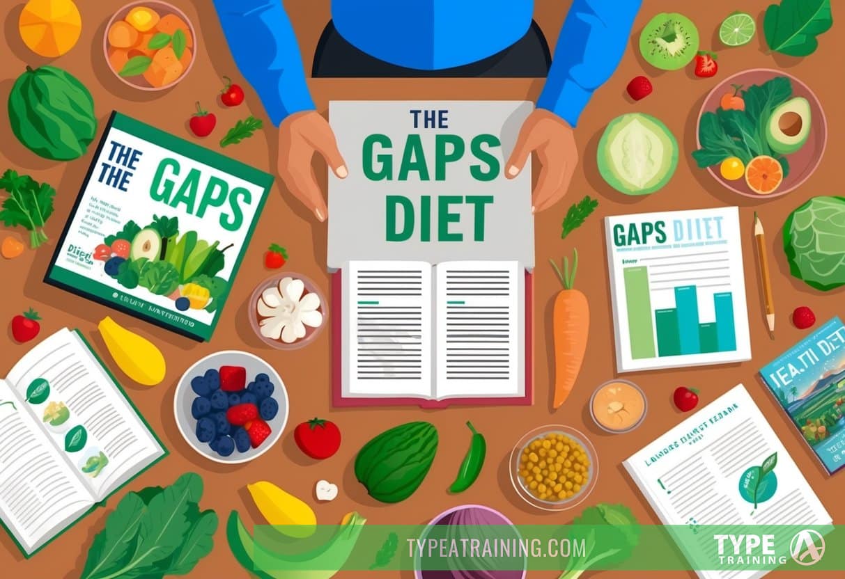 A person researching the GAPS diet, surrounded by various fruits, vegetables, and health-related books and articles