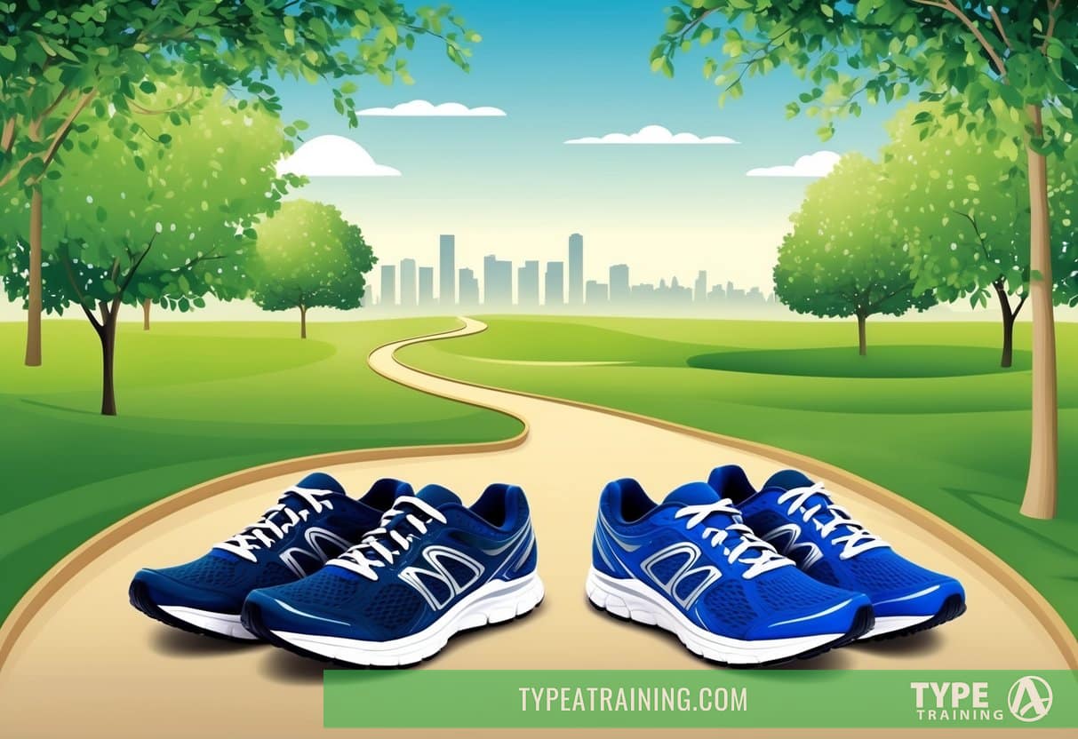 A serene park with a winding path, dappled sunlight, and a distant skyline, with two sets of running shoes placed side by side on the ground