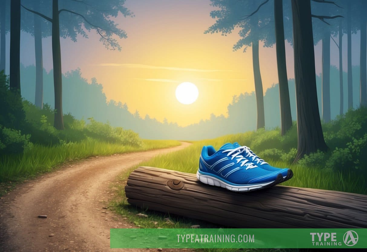 A serene sunrise over a peaceful forest trail, with a lone pair of running shoes resting on a fallen log, hinting at the benefits of running twice a day